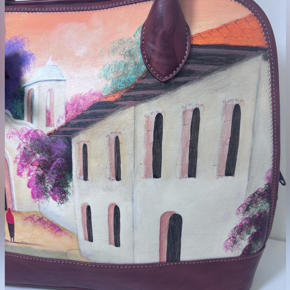 Hand-Painted Leather Tote Bag – Maschio’s Honduras Scenic Painting Brown Leather - Picture 3 of 11